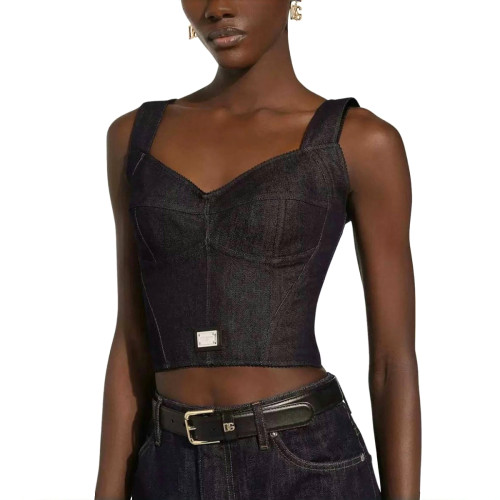 NIGO Dolce&Gabbana Women's Solid Colour Vest Washed Denim Bra Style Suspender Jacket Lined Leopard Printed #nigo76862