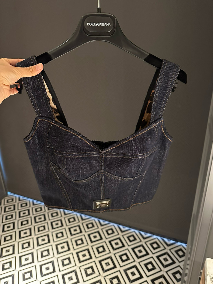 NIGO Dolce&Gabbana Women's Solid Colour Vest Washed Denim Bra Style Suspender Jacket Lined Leopard Printed #nigo76862