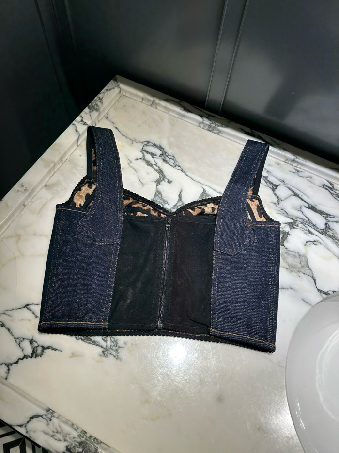 NIGO Dolce&Gabbana Women's Solid Colour Vest Washed Denim Bra Style Suspender Jacket Lined Leopard Printed #nigo76862