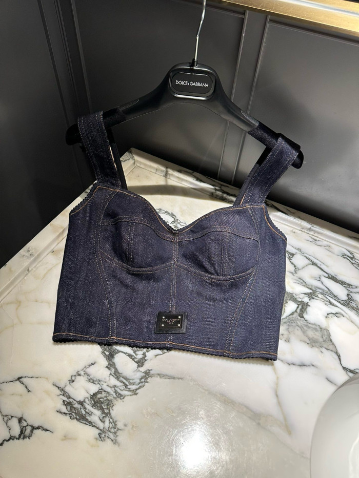 NIGO Dolce&Gabbana Women's Solid Colour Vest Washed Denim Bra Style Suspender Jacket Lined Leopard Printed #nigo76862