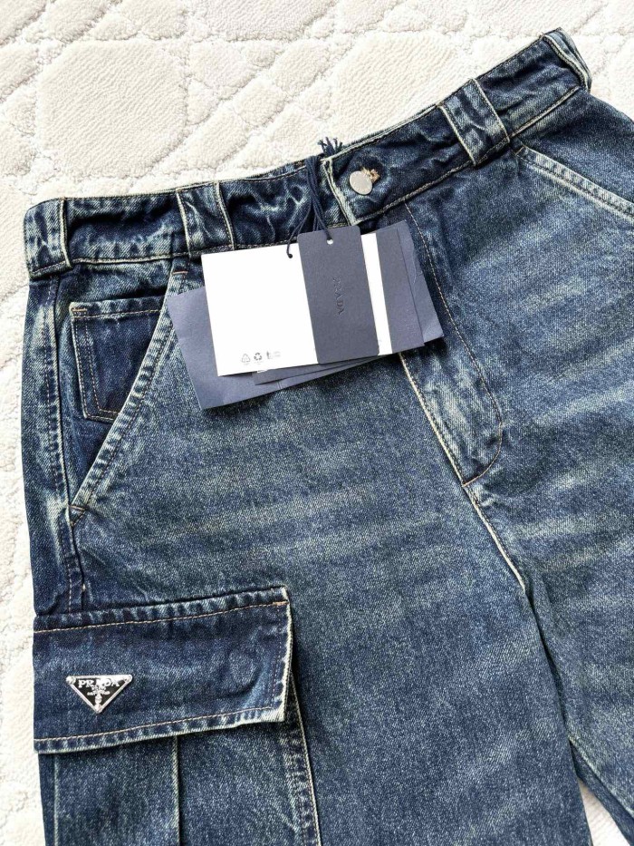 NIGO Prada Men's Four Seasons Logo Old Multi-Pocket Mid-Rise Loose Work Pants Cotton Denim Trousers Pants #nigo81198