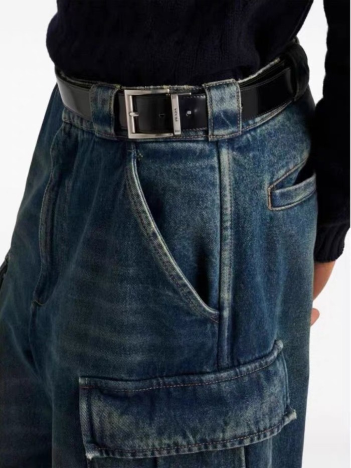 NIGO Prada Men's Four Seasons Logo Old Multi-Pocket Mid-Rise Loose Work Pants Cotton Denim Trousers Pants #nigo81198