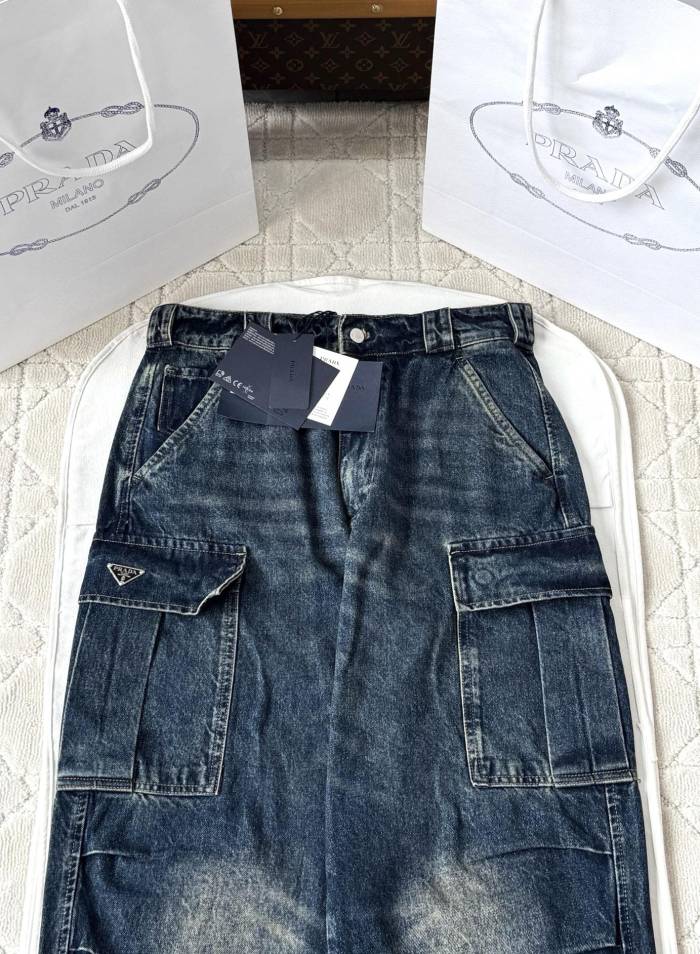 NIGO Prada Men's Four Seasons Logo Old Multi-Pocket Mid-Rise Loose Work Pants Cotton Denim Trousers Pants #nigo81198