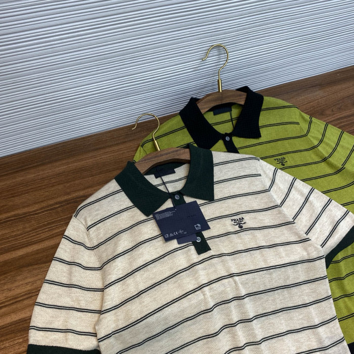 NIGO Prada Men's Summer Striped Logo Solid Color Knit Pullover Short Sleeve Polo Shirt #nigo81199