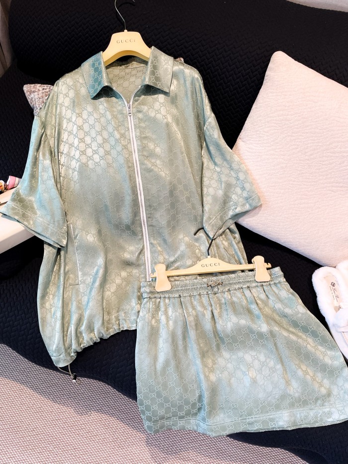 NIGO Gucci Women's Summer Solid Colour Letter Printed Zip Short Sleeve Top Jacket Casual Tie Shorts Set Suit #nigo76887