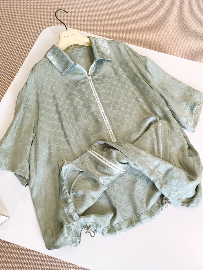 NIGO Gucci Women's Summer Solid Colour Letter Printed Zip Short Sleeve Top Jacket Casual Tie Shorts Set Suit #nigo76887