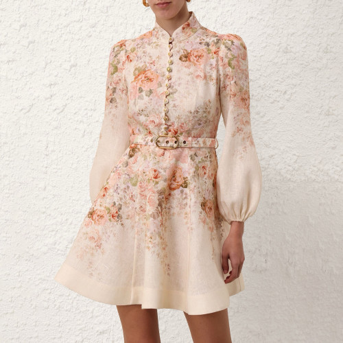 NIGO Zimmermann Women's Summer Floral Printed Waistband Lantern Sleeve Long Sleeve Dress #nigo76897