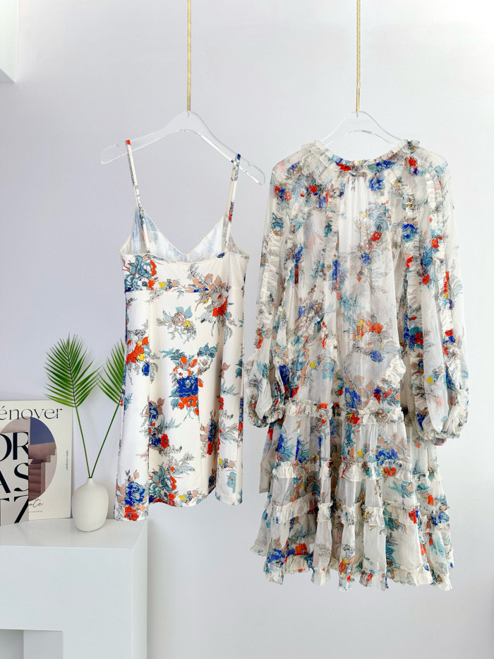 NIGO Zimmermann Women's Summer Floral Printed V-Neck Long Sleeve Dress With Camisole Top #nigo76913
