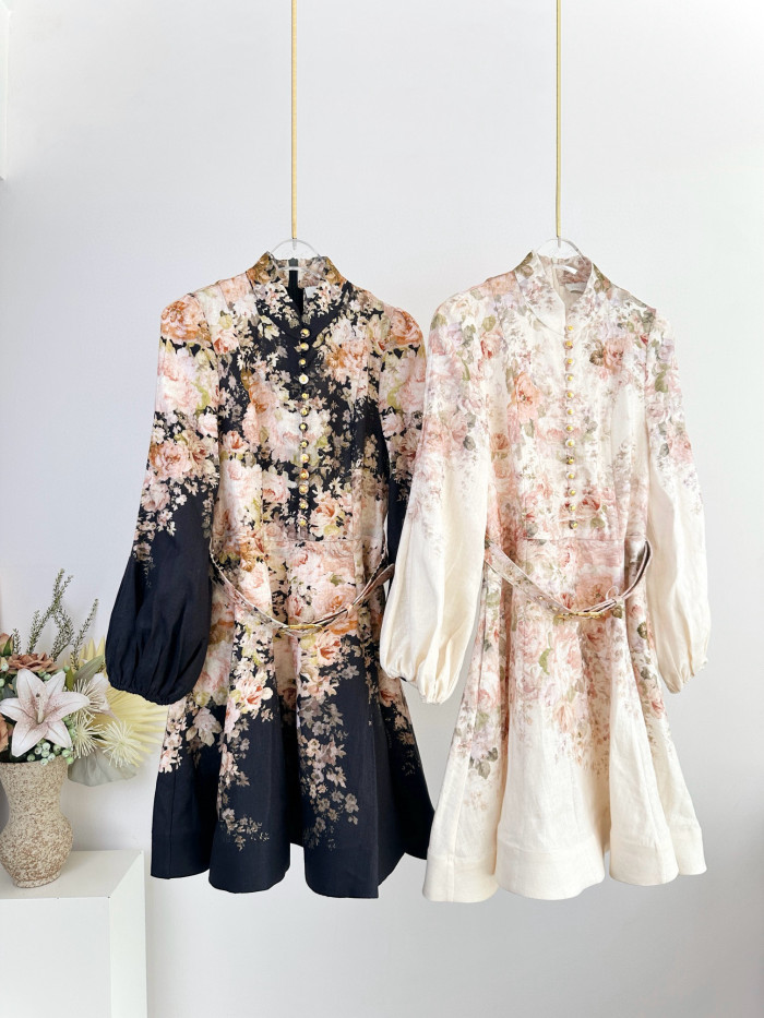 NIGO Zimmermann Women's Summer Floral Printed Waistband Lantern Sleeve Long Sleeve Dress #nigo76897