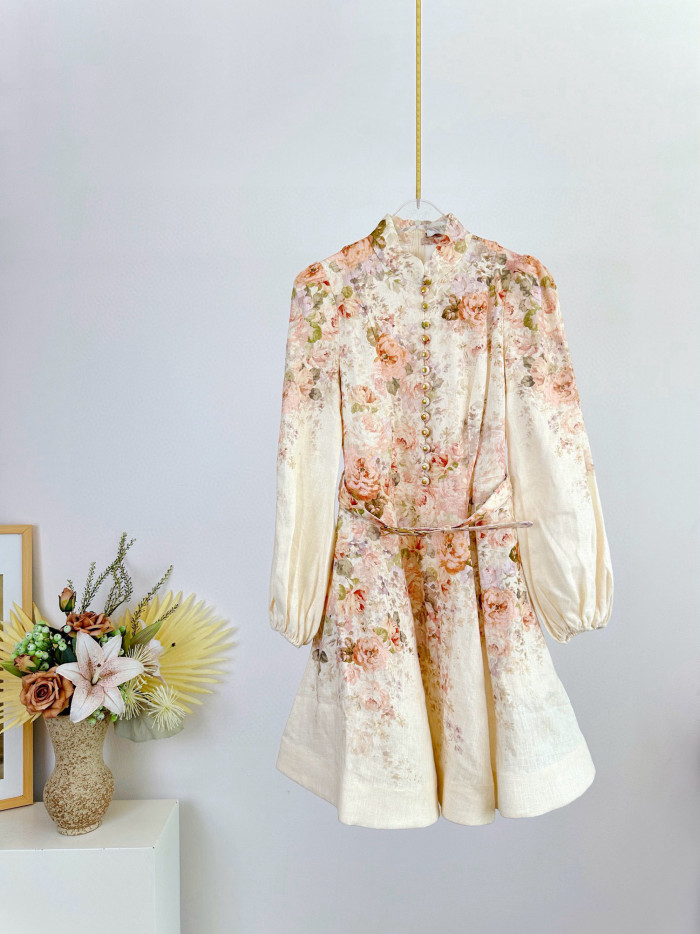 NIGO Zimmermann Women's Summer Floral Printed Waistband Lantern Sleeve Long Sleeve Dress #nigo76897