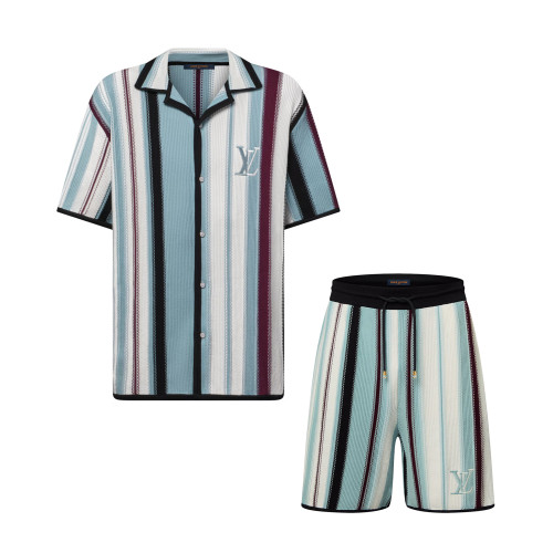 NIGO Louis Vuitton  Men’s Summer Striped Crochet Single Breasted Short Sleeve Shirt Casual Lace-Up Shorts Suit Set #nigo76893