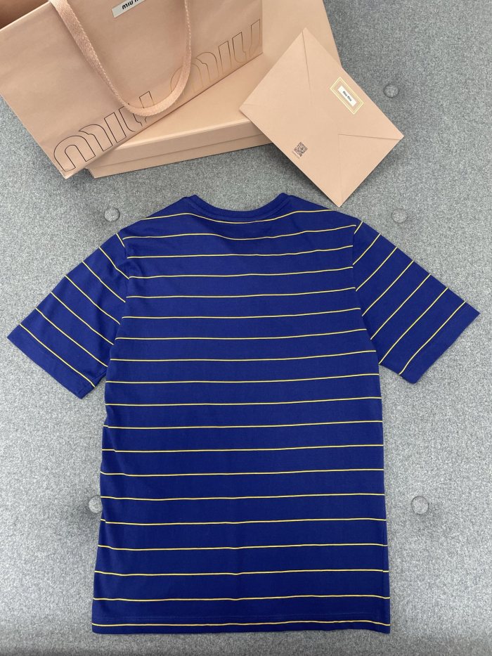 NIGO MiuMiu Women's Color Blocking Striped Logo Summer Round Neck Solid Color Knit Short Sleeve Jersey T-shirt #nigo76921