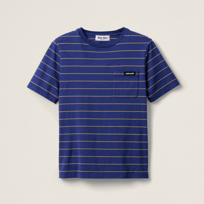 NIGO MiuMiu Women's Color Blocking Striped Logo Summer Round Neck Solid Color Knit Short Sleeve Jersey T-shirt #nigo76921