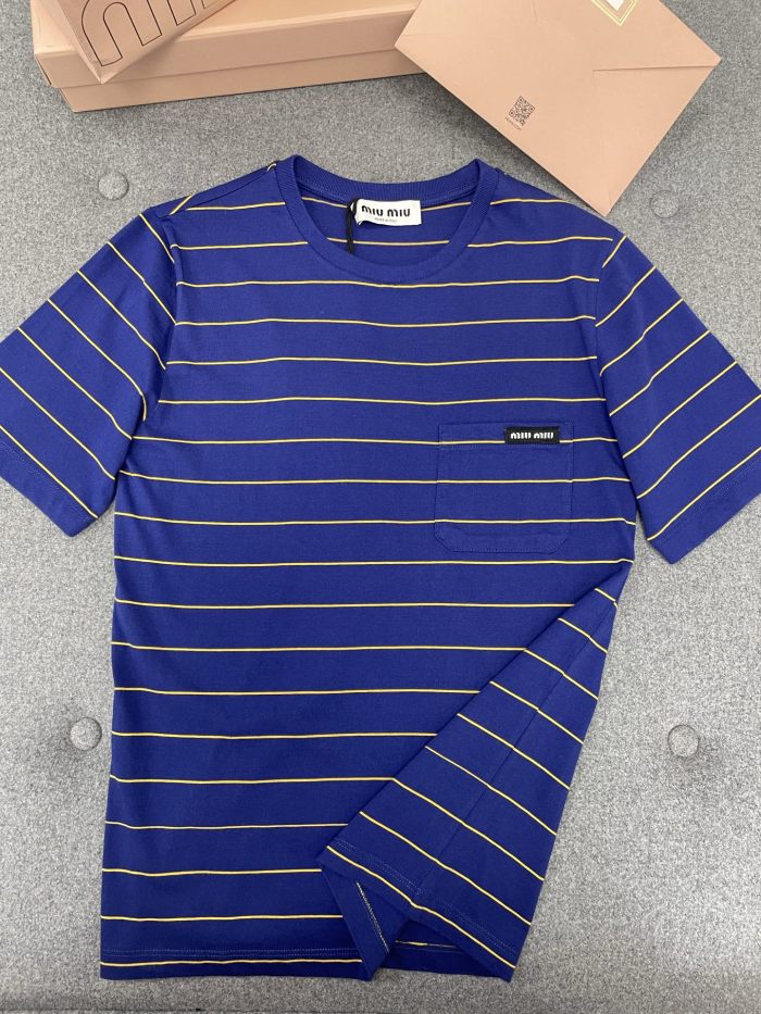 NIGO MiuMiu Women's Color Blocking Striped Logo Summer Round Neck Solid Color Knit Short Sleeve Jersey T-shirt #nigo76921