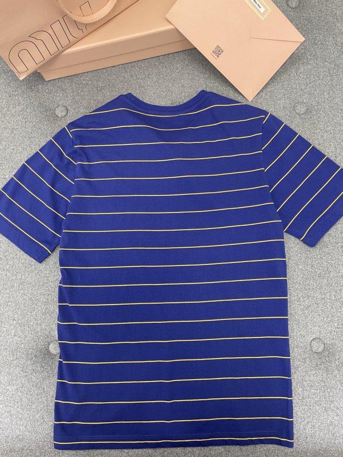 NIGO MiuMiu Women's Color Blocking Striped Logo Summer Round Neck Solid Color Knit Short Sleeve Jersey T-shirt #nigo76921