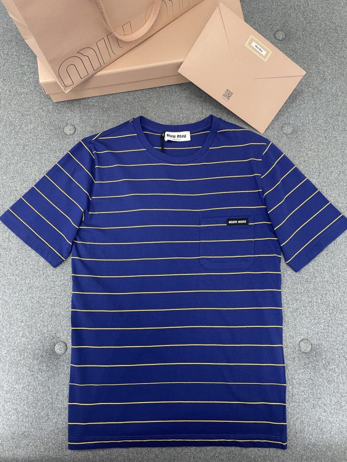 NIGO MiuMiu Women's Color Blocking Striped Logo Summer Round Neck Solid Color Knit Short Sleeve Jersey T-shirt #nigo76921