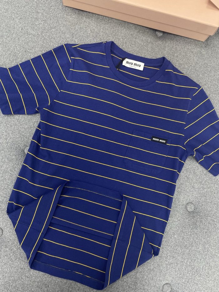 NIGO MiuMiu Women's Color Blocking Striped Logo Summer Round Neck Solid Color Knit Short Sleeve Jersey T-shirt #nigo76921