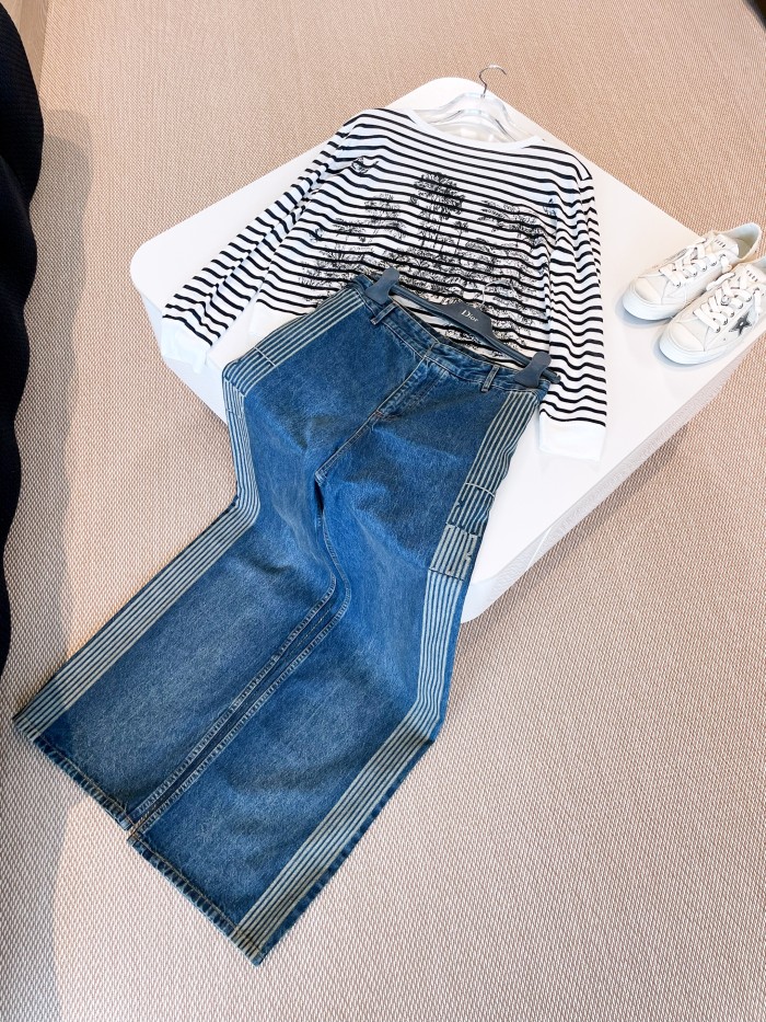 NIGO Dior Women's Spring Autumn Blue Cotton Denim Dior Graphique Patterned Trousers Pants #nigo76924