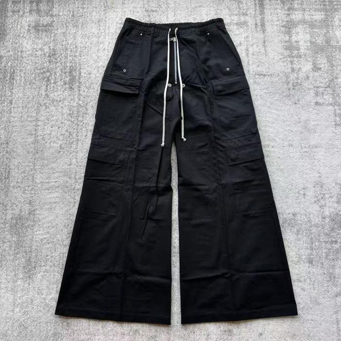 NIGO Rick Owens Men's Spring & Fall Black Multi-Pocket Drawstring Zipper Wide Leg Flared Pants #nigo76955