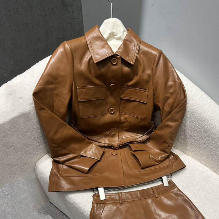 NIGO Gucci Women's Spring And Autumn Solid Color Single Breasted Drawstring Leather Long Sleeved Jacket Casual Shorts Suit Set #nigo76167