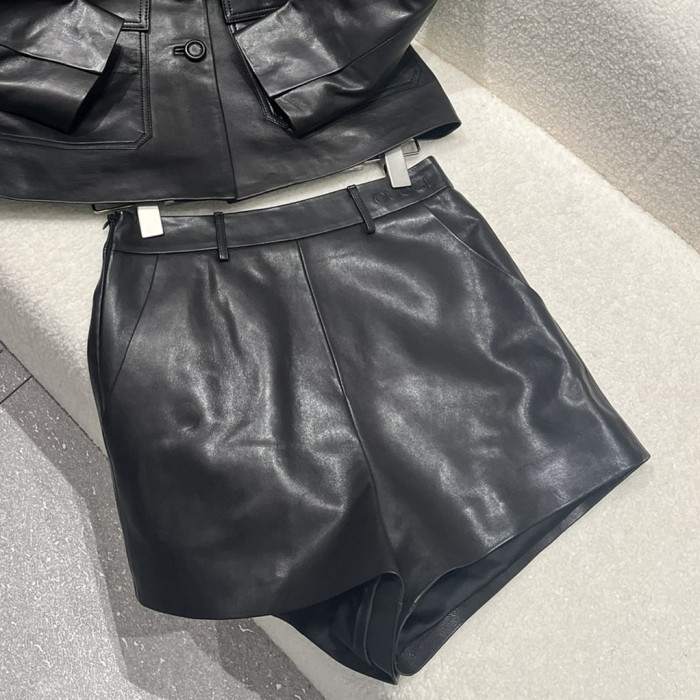 NIGO Gucci Women's Spring And Autumn Solid Color Single Breasted Drawstring Leather Long Sleeved Jacket Casual Shorts Suit Set #nigo76167
