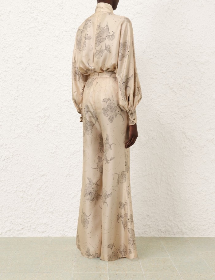 NIGO Zimmermann Women's Summer Sketch Floral Print Bow Tie Collar Solid Colour Single Breasted Silk Shirt Slim Pants Suit Set #nigo76951
