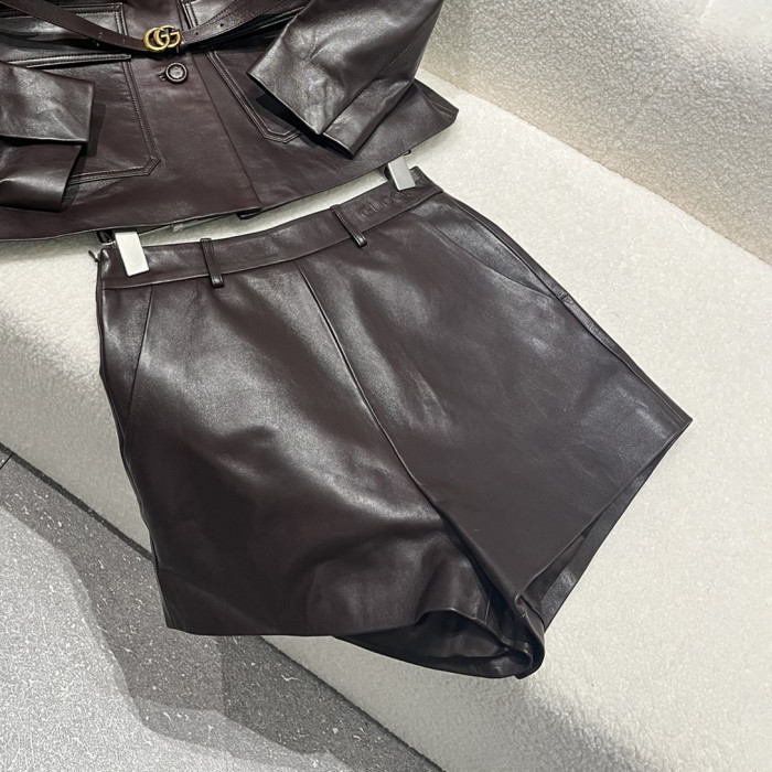 NIGO Gucci Women's Spring And Autumn Solid Color Single Breasted Drawstring Leather Long Sleeved Jacket Casual Shorts Suit Set #nigo76167