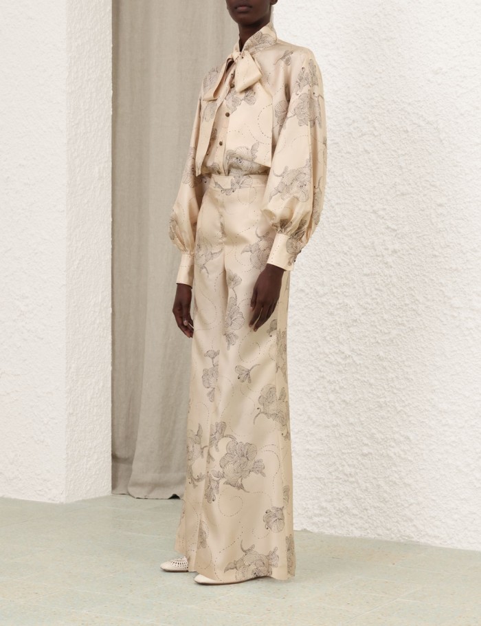 NIGO Zimmermann Women's Summer Sketch Floral Print Bow Tie Collar Solid Colour Single Breasted Silk Shirt Slim Pants Suit Set #nigo76951