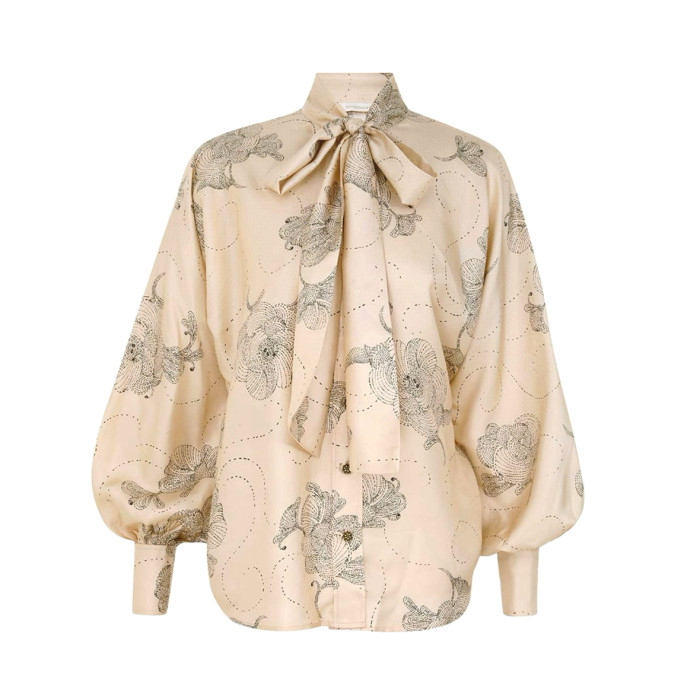 NIGO Zimmermann Women's Summer Sketch Floral Print Bow Tie Collar Solid Colour Single Breasted Silk Shirt Slim Pants Suit Set #nigo76951