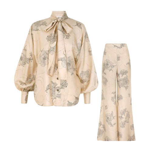 NIGO Zimmermann Women's Summer Sketch Floral Print Bow Tie Collar Solid Colour Single Breasted Silk Shirt Slim Pants Suit Set #nigo76951