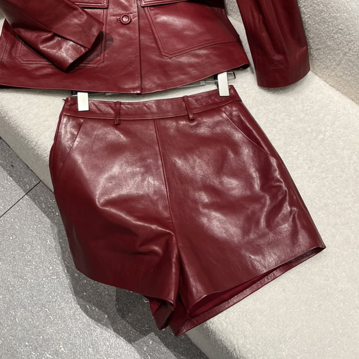 NIGO Gucci Women's Spring And Autumn Solid Color Single Breasted Drawstring Leather Long Sleeved Jacket Casual Shorts Suit Set #nigo76167