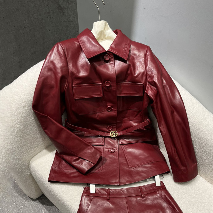 NIGO Gucci Women's Spring And Autumn Solid Color Single Breasted Drawstring Leather Long Sleeved Jacket Casual Shorts Suit Set #nigo76167