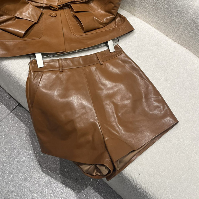 NIGO Gucci Women's Spring And Autumn Solid Color Single Breasted Drawstring Leather Long Sleeved Jacket Casual Shorts Suit Set #nigo76167