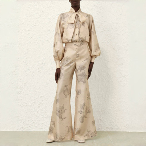 NIGO Zimmermann Women's Summer Sketch Floral Print Bow Tie Collar Solid Colour Single Breasted Silk Shirt Slim Pants Suit Set #nigo76951