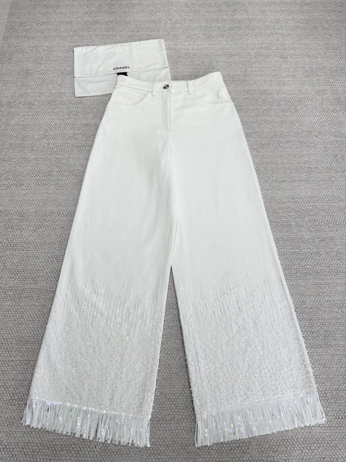 NIGO Chanel Women's Spring And Autumn Tassel Bead Embroidery Solid Color Wide Leg Pants Casual Straight Jeans Pants Ngvp #nigo1669