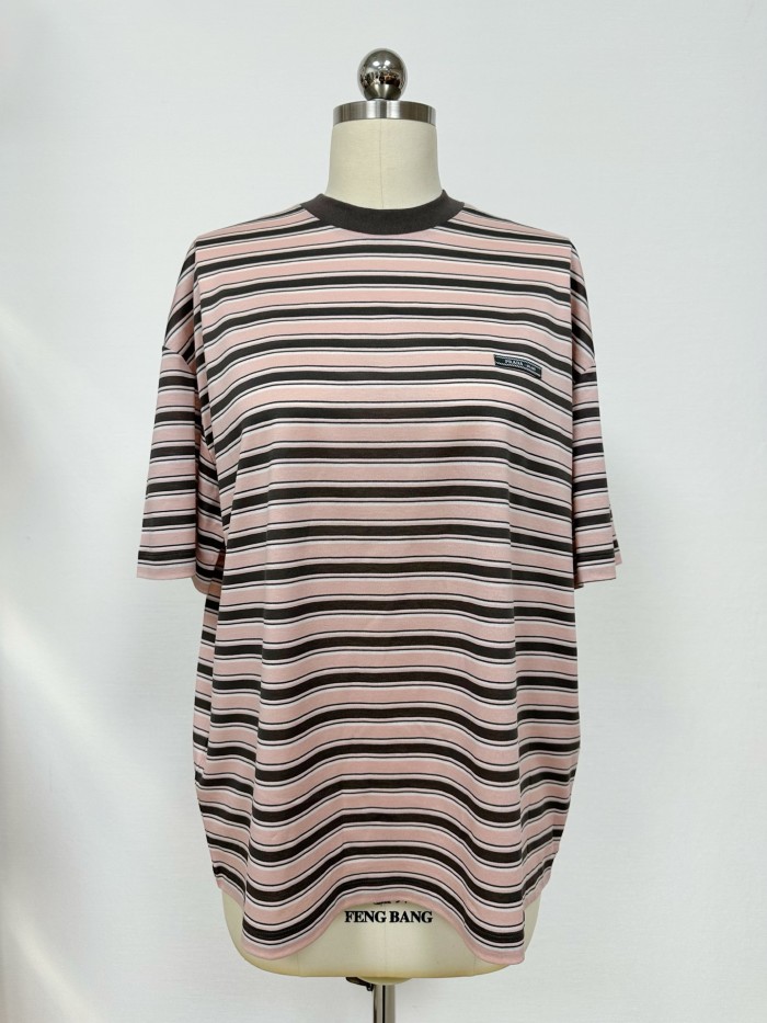 NIGO Prada Women's Summer Colour Block Stripe Print Round Neck Cotton Short Sleeve T-Shirt #nigo76978