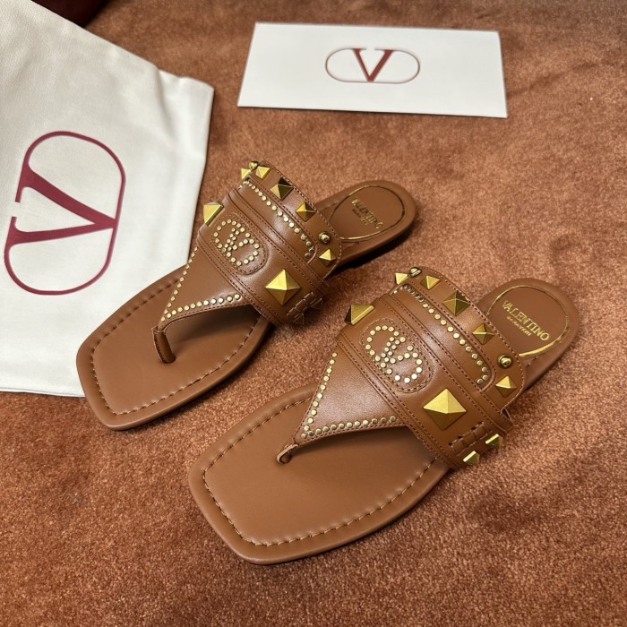 NIGO Valentino Women's Summer Solid Color Leather Studded Flat Toe Thong Sandals Slippers Shoes #nigo76982