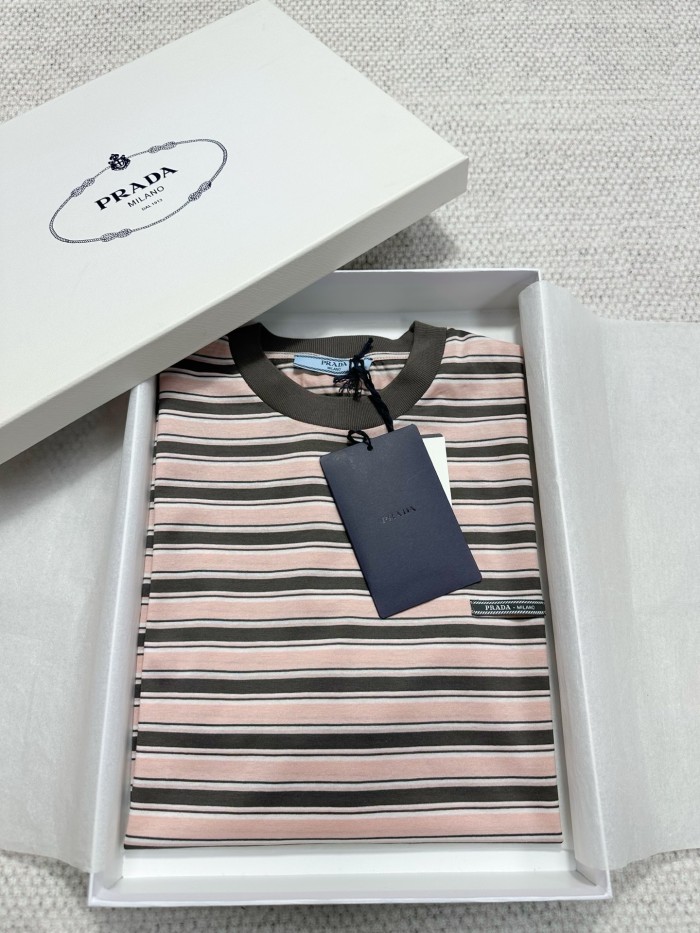 NIGO Prada Women's Summer Colour Block Stripe Print Round Neck Cotton Short Sleeve T-Shirt #nigo76978