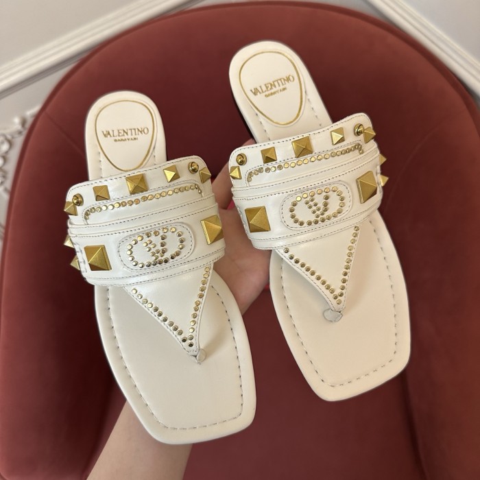 NIGO Valentino Women's Summer Solid Color Leather Studded Flat Toe Thong Sandals Slippers Shoes #nigo76982