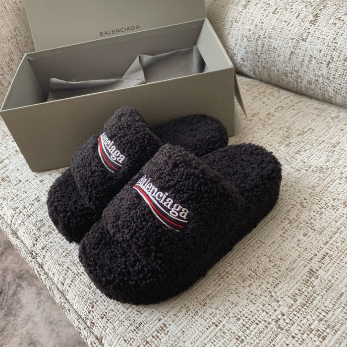 NIGO Balenciaga Furry Women's Spring/Summer Solid Colour Faux Fur Embroidered Letter Print Thick Sole Slippers Shoes #nigo76986