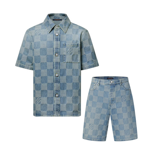 NIGO Louis Vuitton Men's Summer Blue Logo Printed Lapel Single Breasted Denim Short Sleeve Shirt Straight Jeans Shorts Set Suit #nigo76984