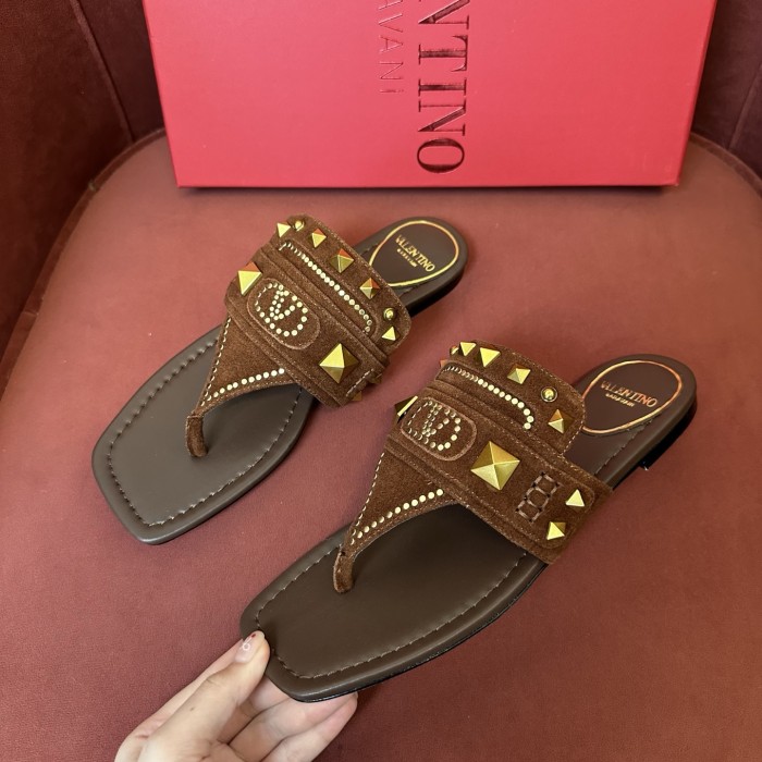 NIGO Valentino Women's Summer Solid Color Leather Studded Flat Toe Thong Sandals Slippers Shoes #nigo76982