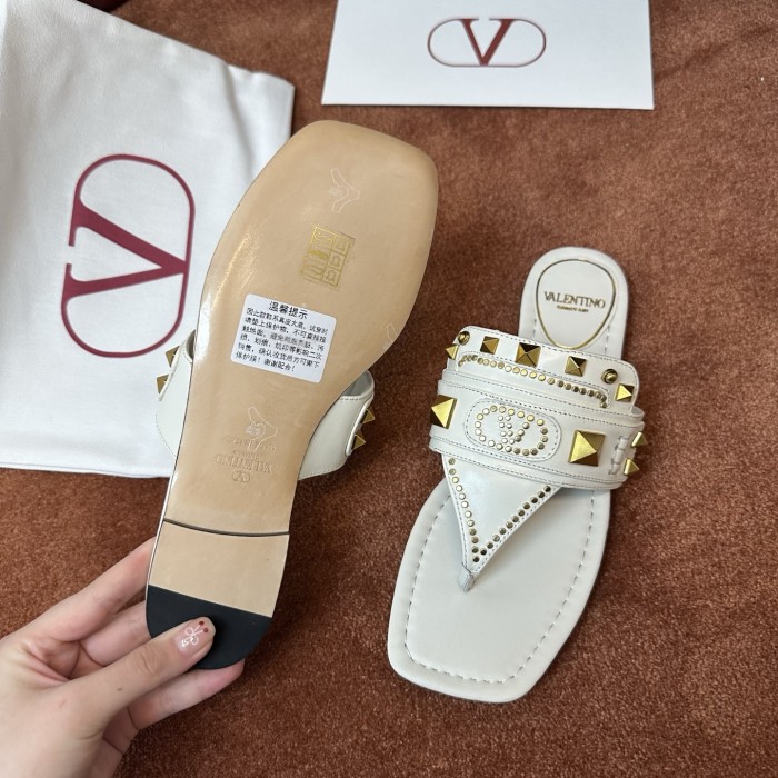 NIGO Valentino Women's Summer Solid Color Leather Studded Flat Toe Thong Sandals Slippers Shoes #nigo76982
