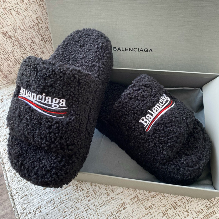 NIGO Balenciaga Furry Women's Spring/Summer Solid Colour Faux Fur Embroidered Letter Print Thick Sole Slippers Shoes #nigo76986