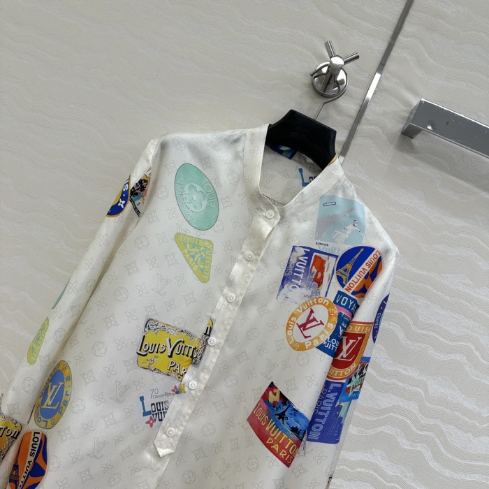 NIGO Louis Vuitton Women's Summer Badge Print Round Neck Single Button Silk Long Sleeve Shirt #nigo76988