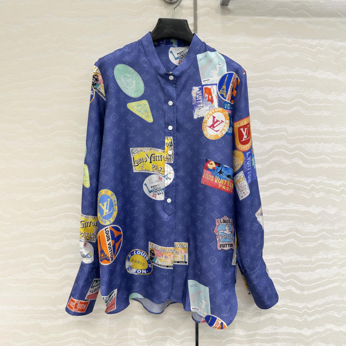 NIGO Louis Vuitton Women's Summer Badge Print Round Neck Single Button Silk Long Sleeve Shirt #nigo76988