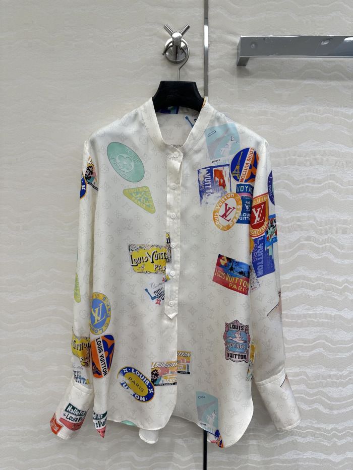 NIGO Louis Vuitton Women's Summer Badge Print Round Neck Single Button Silk Long Sleeve Shirt #nigo76988