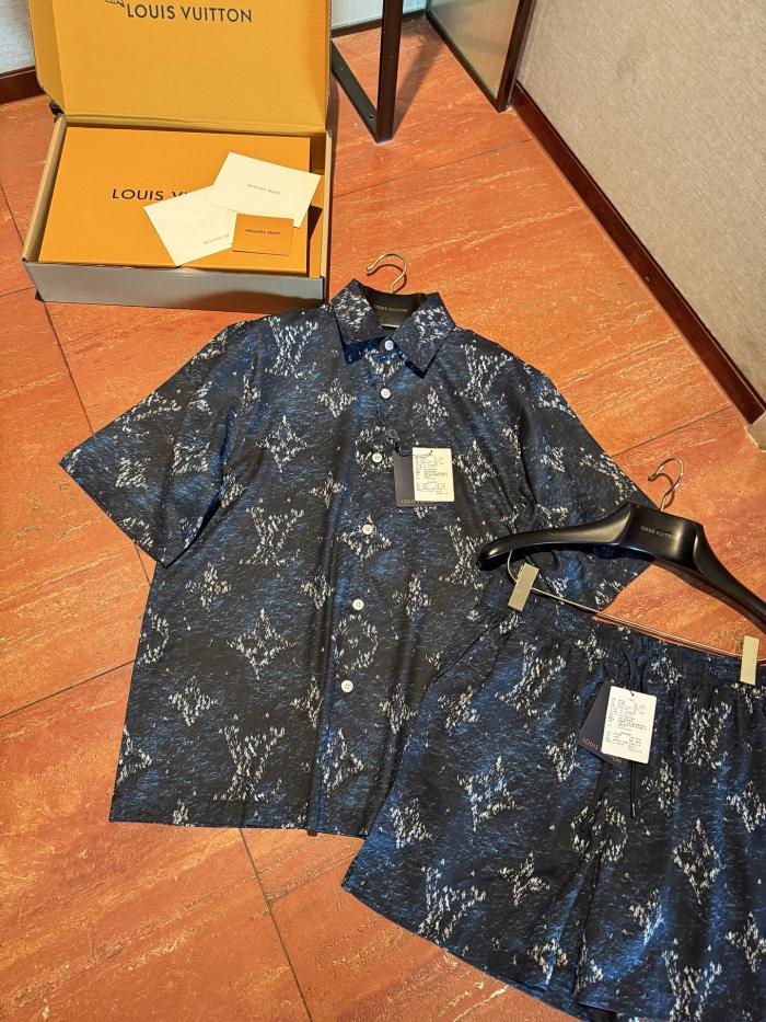 NIGO Louis Vuitton Men's Summer Logo Print Single Breasted Silk Short Sleeved Shirt And Casual Drawstring Shorts Suit Set #nigo76997