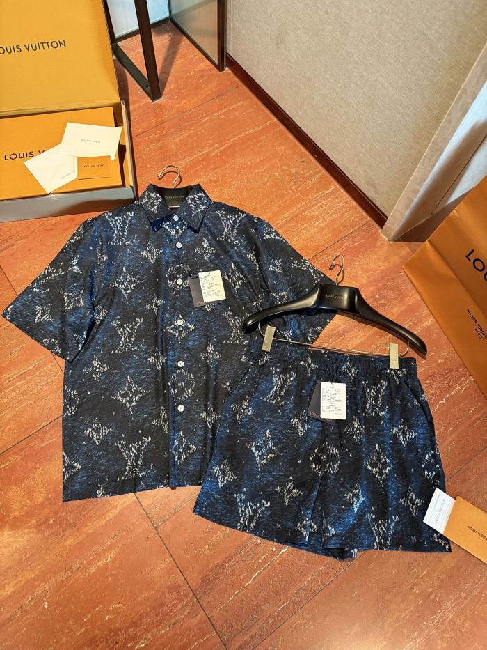 NIGO Louis Vuitton Men's Summer Logo Print Single Breasted Silk Short Sleeved Shirt And Casual Drawstring Shorts Suit Set #nigo76997