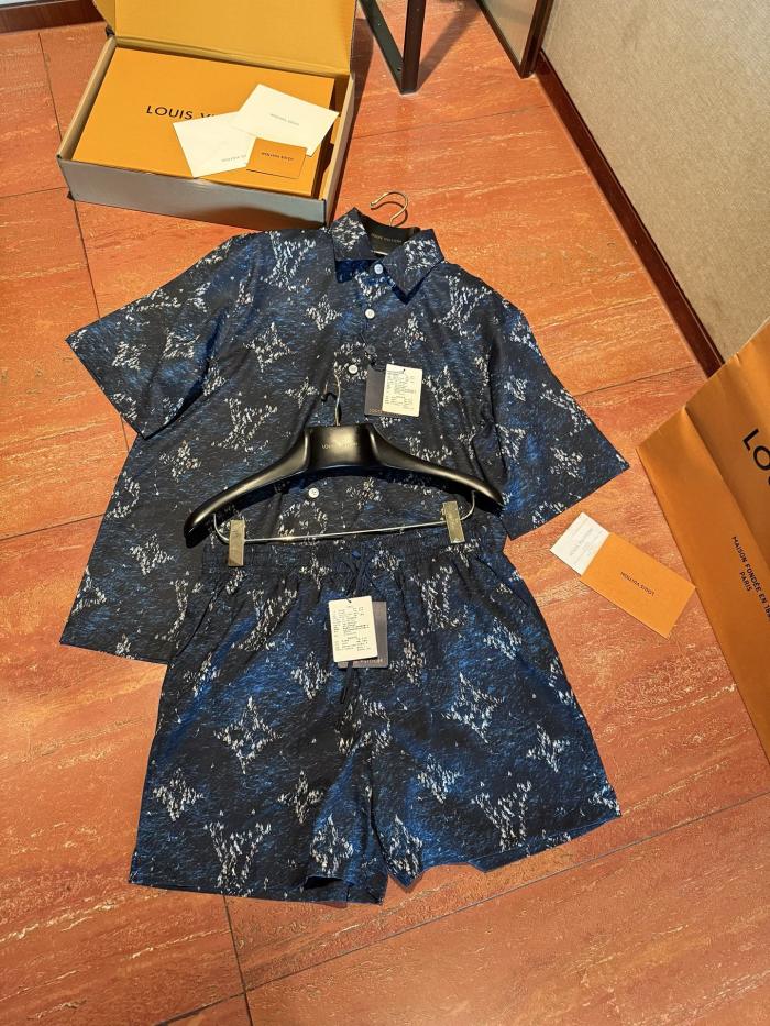 NIGO Louis Vuitton Men's Summer Logo Print Single Breasted Silk Short Sleeved Shirt And Casual Drawstring Shorts Suit Set #nigo76997